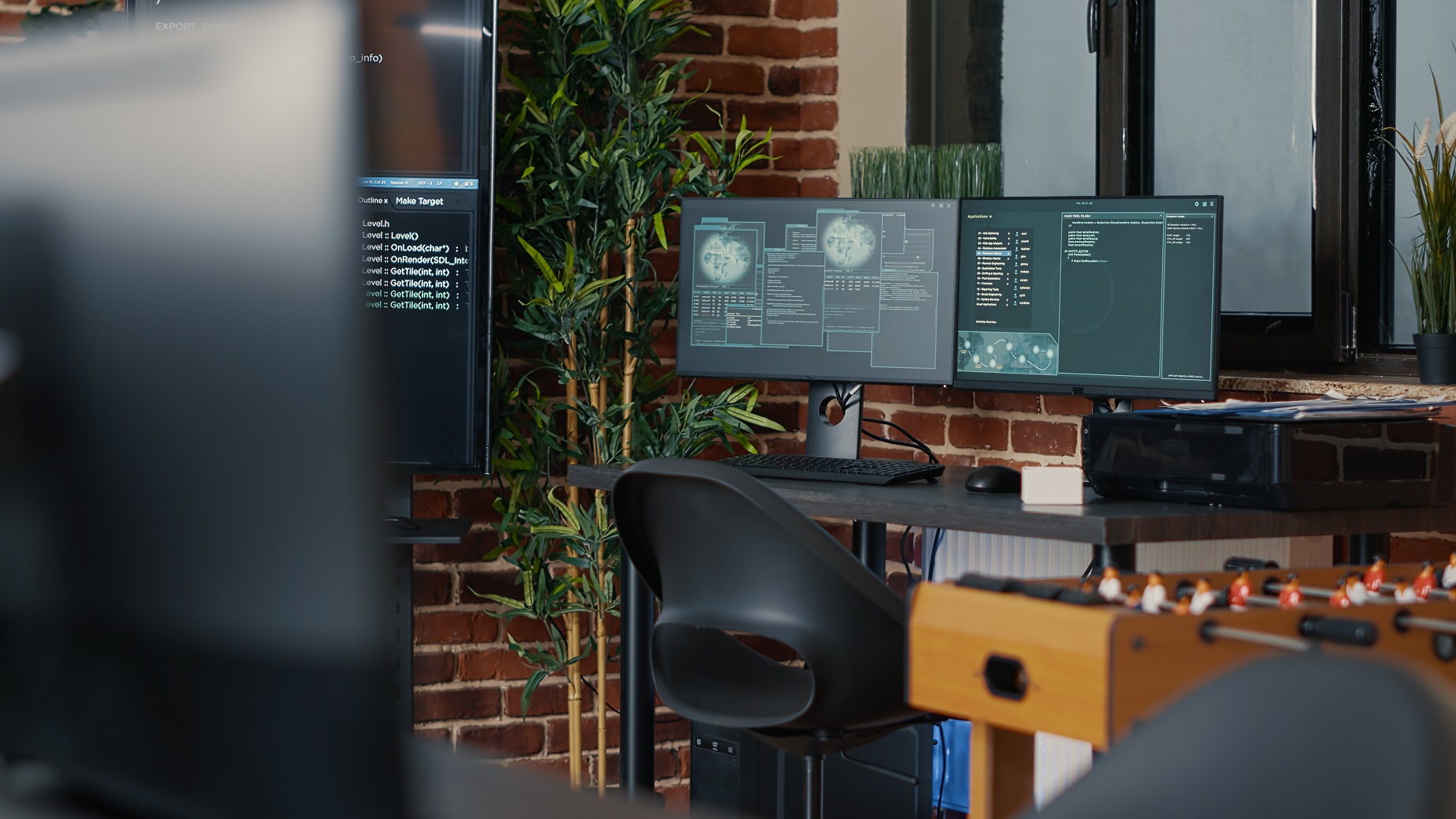 Desk With Multiple Computer Monitors Displaying Ne Pmbwc2a